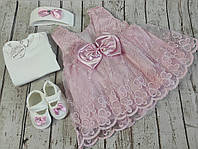 Праздничное красивое розовое платье Бабочка + боди, пинетки и повязка 62см ff