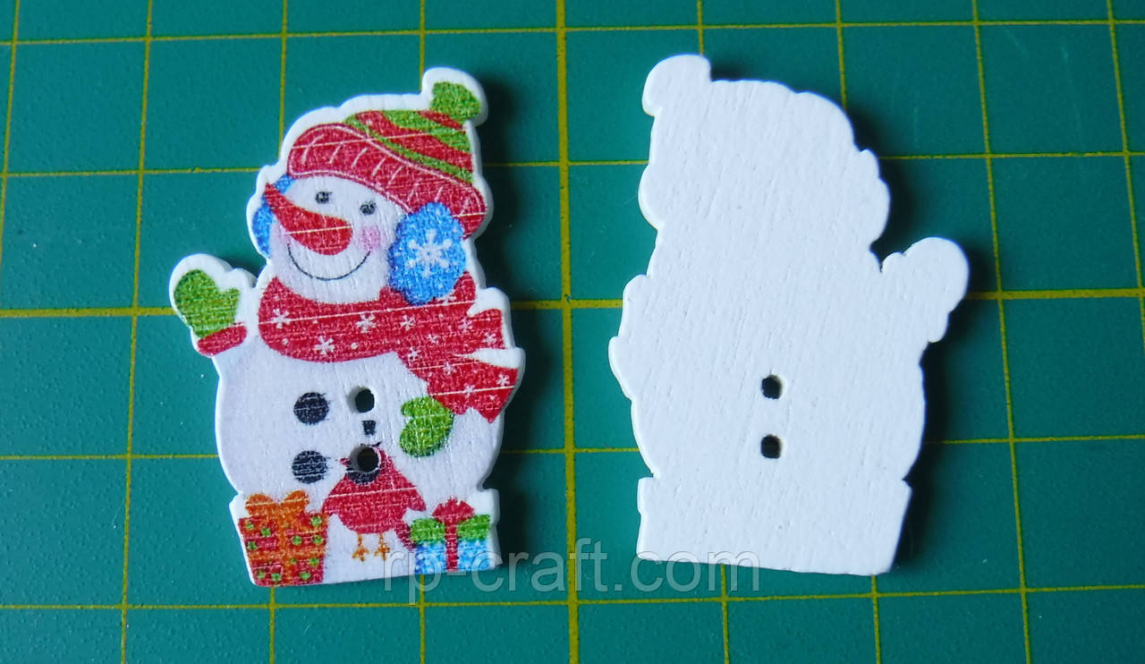 Гудзик дерев'яний, декоративний. Сніговик, 24х35 мм, фото 1
