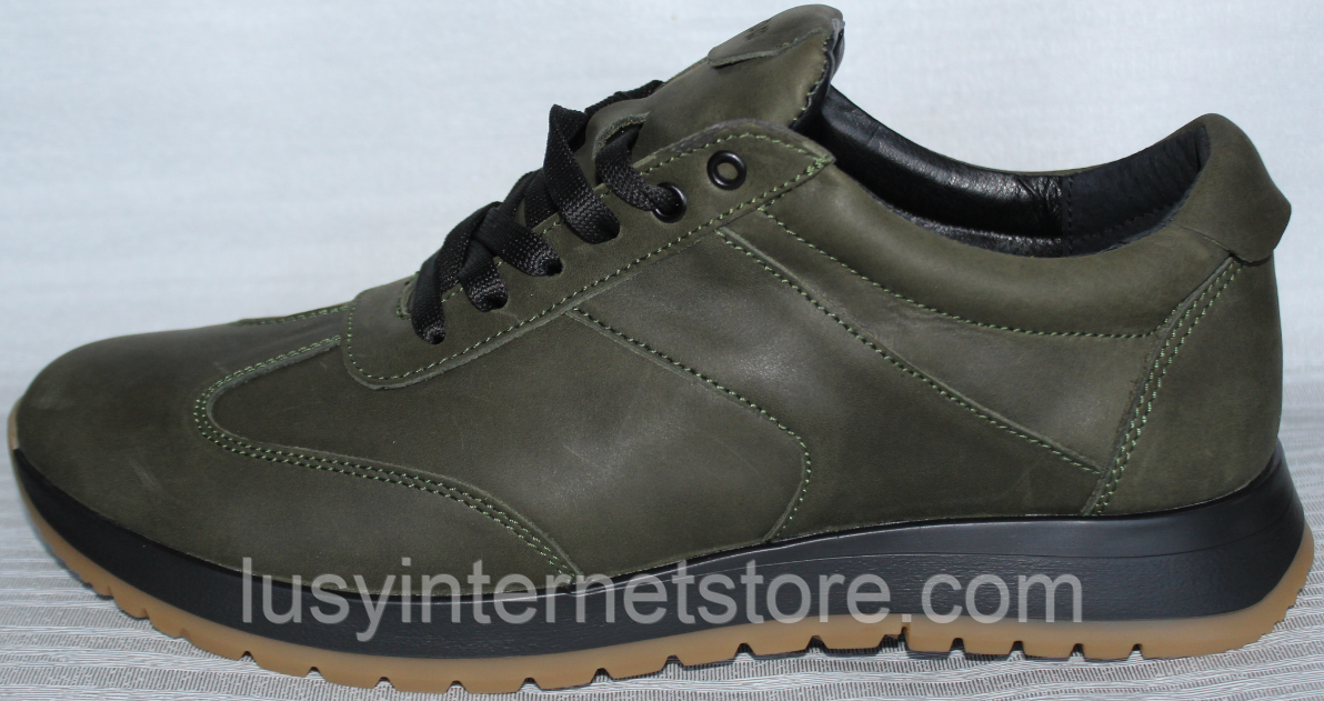 Кросівки шкіряні чоловічі оливкові від виробника модель АП23-126, фото 1