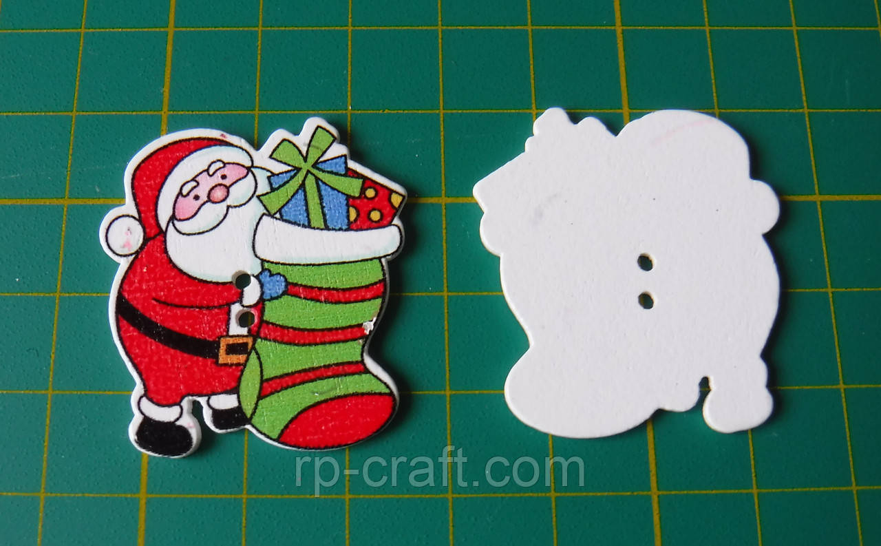 Гудзик дерев'яний, декоративний. Санта зі шкарпеткою, 32х35 мм, фото 1