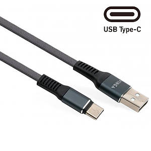 Кабель Тайп Сі Vinga USB type C, сірий, 1 метр, нейлоновий, плаский, шнур тайпсі, дріт тип с