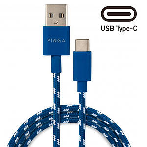 Кабель Тайп Сі Vinga USB type C, синій, 1 метр, нейлоновий, шнур тайпсі, дріт тип с