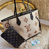 Сумка женская шоппер большая соломенная Louis Vuitton Neverfull с кошельком