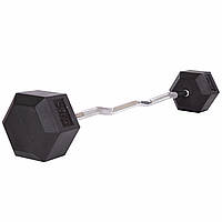 Штанга фиксированная изогнутая обрезиненная Rubber Hexagon Barbell Zelart TA-6231-45 длина-95см 45кг черный