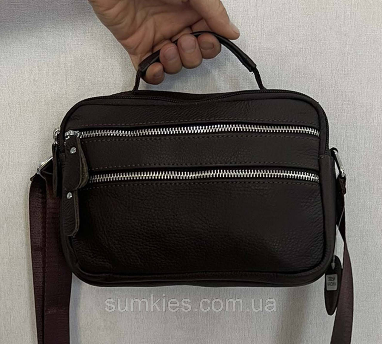Шкіряна чоловіча сумка через плече es3925-1 коричнева барсетка 22х16см