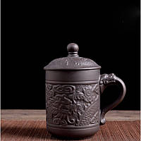 Чашка с крышкой глиняная Дракон Феникс чёрная 300 мл. Кружка заварник из исинской глины