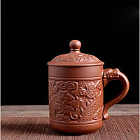 Чашка заварочная с крышкой глиняная Дракон Феникс коричневая 300 мл. Кружка заварник из исинской глины
