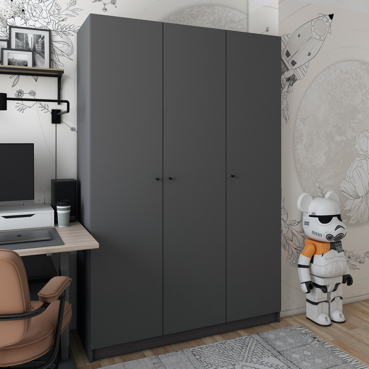 Недорога шафа для одягу Promo Графіт 3 ДСП 135х48х204. Дешева тридверна шафа без дзеркал, фото 1