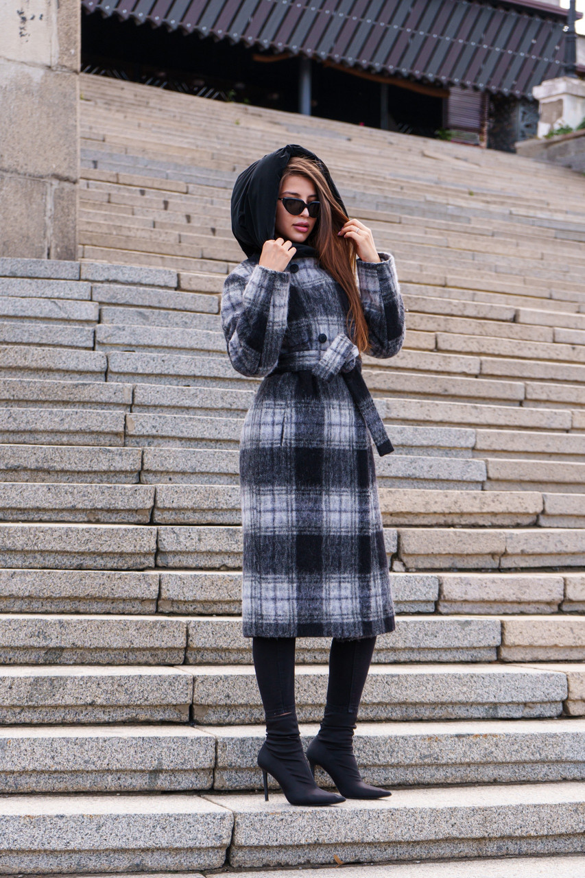 Трендове зимове вовняне пальто в клітинку з капюшоном, фото 1
