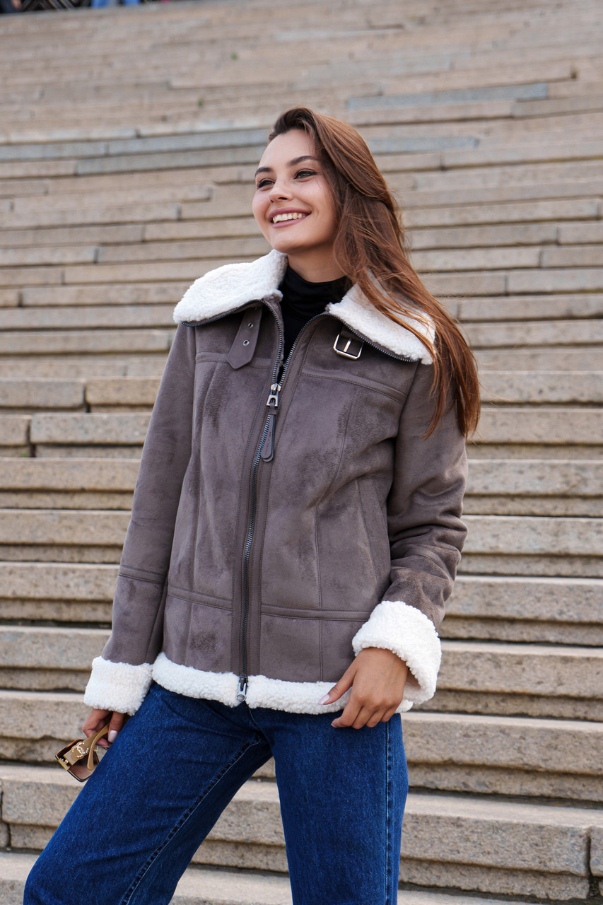 Гарна базова жіноча дублянка з хутром тедді, фото 1