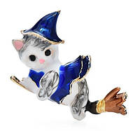 Брошь брошка металл эмаль кот кошка серый летит на метле ведьма колдунья
