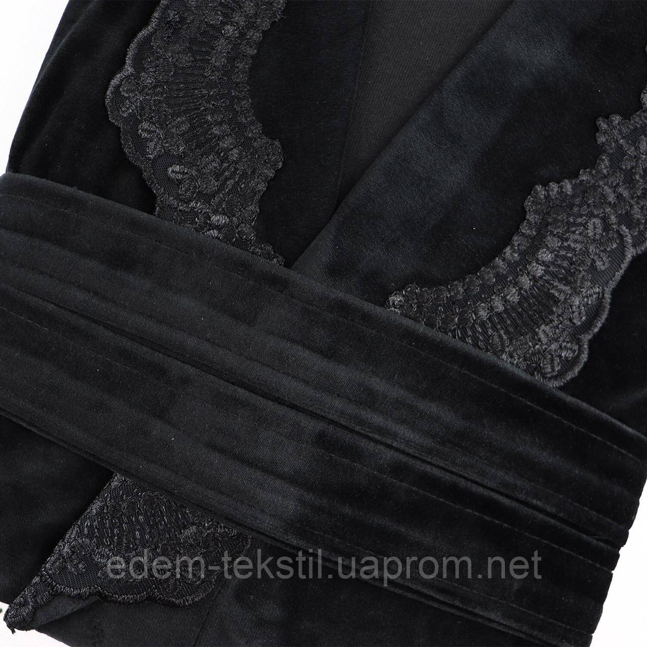 Велюровый длинный халат с кружевом Nusa 0383, Черный, S - фото 3 - id-p1936171602