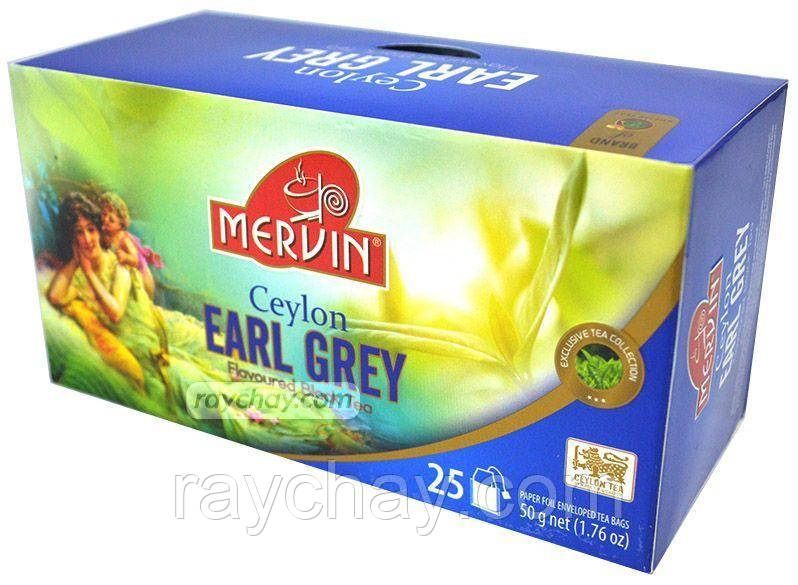 Чорний чай пакетований у конвертах Mervin Earl Grey, бергамот, 25 пк, фото 1