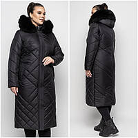 Жіноче зимове пальто-пуховик великого розміру. Пальто жіноче з хутром на капюшоні Р-48-66 чорне