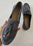 Женские лоферы Loro piana, замшевые туфли лоро пиана мокасины серый джинс замша, фото 3