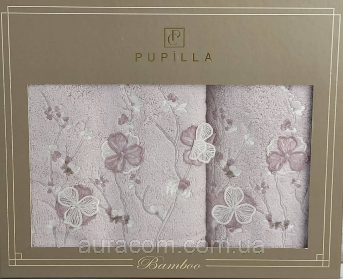 VIP набір, рушники банні з вишивкою, в коробці 2 шт., рушник банний, рушник для обличчя, Pupilla, Туреччина, фото 1