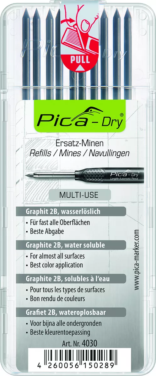Запасні змінні грифелі 4030 для PICA Dry 10шт, твердість 2В, колір сірий (графіт)