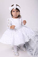 Детское белое нарядное платье для девочки 1 год 80 размер. Пышное платье с длинными рукавами на годик девочке