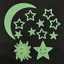 Фосфорні наклейки для декору стін та стелі Зірки із Місяцем та Сонцем, що світяться, 9+3 шт