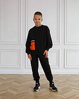Костюм спортивный черный с оранжевыми карманами для мальчика 6-10 лет, 116-140 см