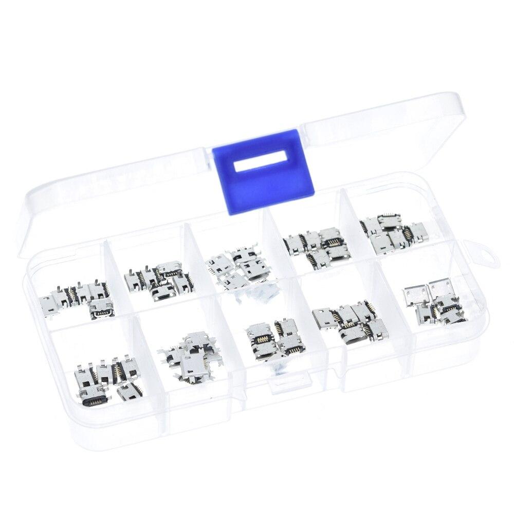 Набір Micro usb роз'ємів, 10 видів (50шт) для заміни зарядних портів mp3/4/5 Lenovo zte Huawei Samsung