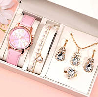 Женские часы Geneva с розовым ремешком из экокожи + набор бижутерии
