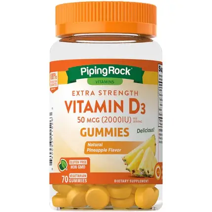 Жувальний вітамін Д-3 Piping Rock Vitamin D3 25 мкг (1000 IU) 70 жев. (смак ананас), фото 1