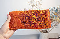 Оранжевый кожаный кошелек длинный цветочный узор | яркий кошелек с тиснением, женский кошелек ручной работы