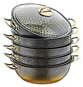 Мантоварка пароварка O.M.S. Collection 6091-C 28 см 5.8 л з гранітним покриттям 6 предметів Чорно Золота (Туреччина)