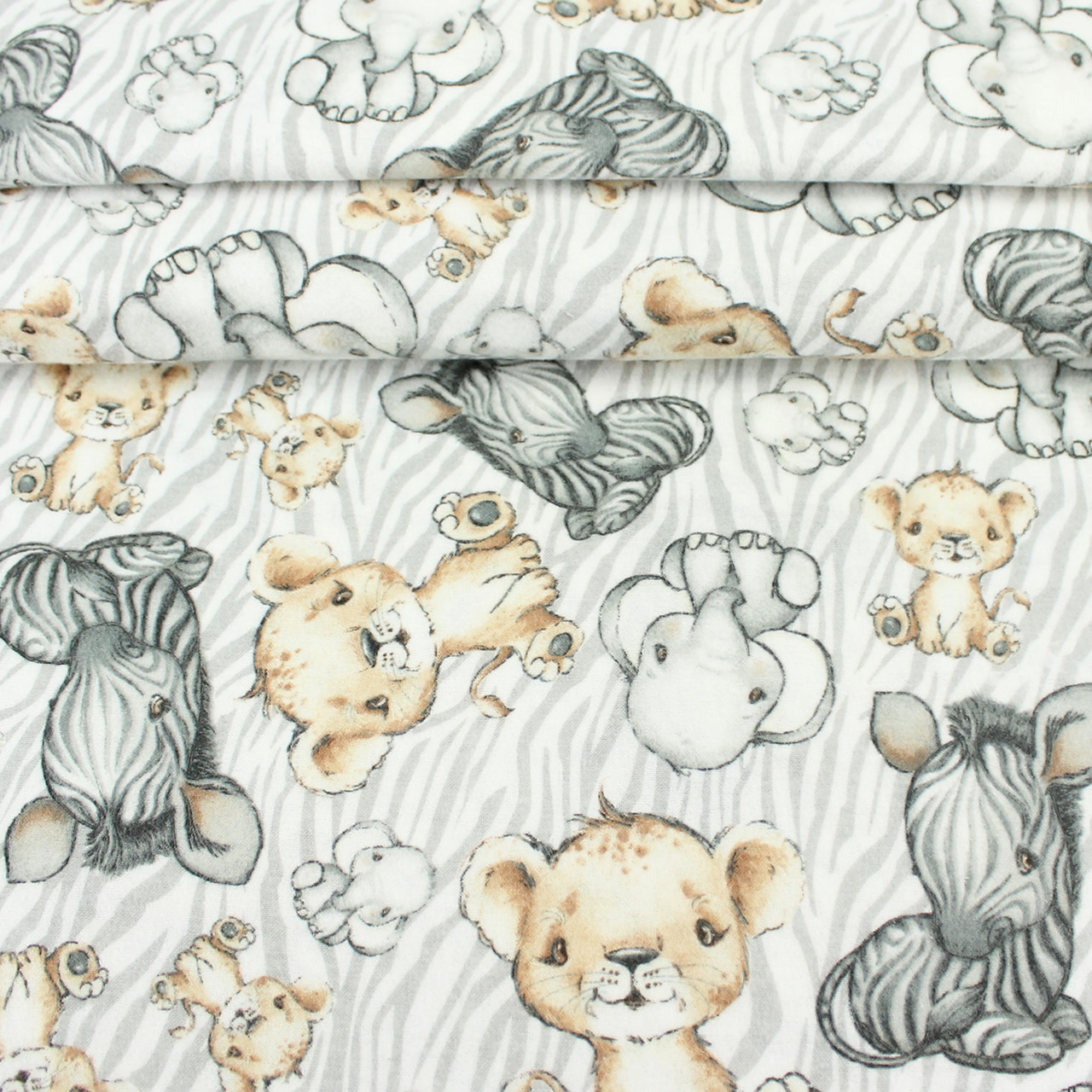 Фланель дитяча "Лев, зебра та слоники" на білому тлі №2103, фото 1
