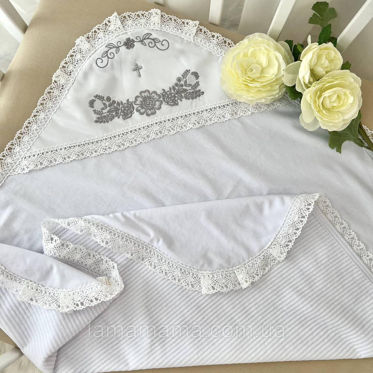 Тепла велюрова крижма для хрещення "Мальва В" 75х100 см Велюр/кулір Білий/Срібло BetiS, фото 1