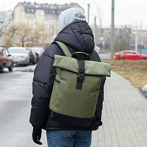 Стильний міський рюкзак Roll Top Barrel зелений з еко-шкіри з відділенням для ноутбука на 20-25 літрів