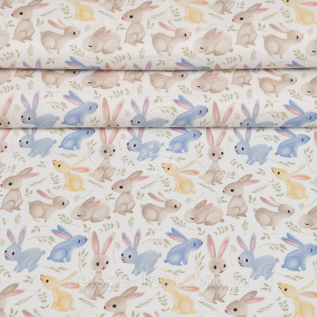 Ранфорс шириною 240 см "Блакитні, бежеві та жовті зайчики", №4755, фото 1