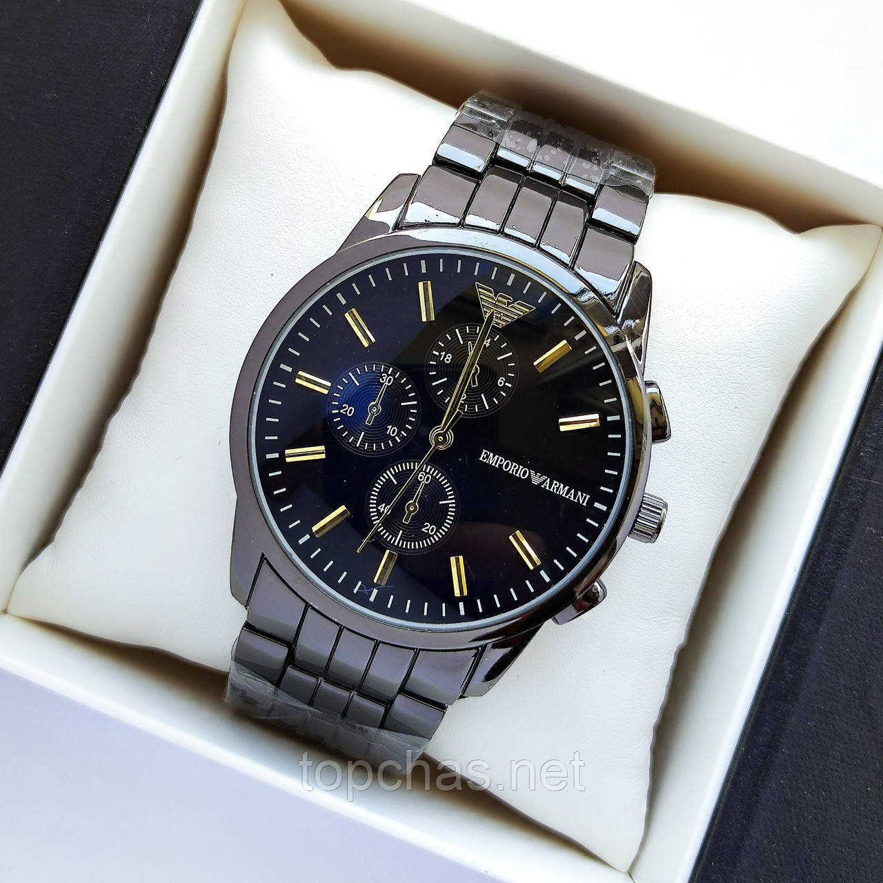 Чоловічий наручний годинник Emporio Armani (Армані) чорний циферблатом, блакитне покриття - код 2200t