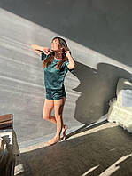 Коротка жіноча піжама з велюру розмір S смарагдовий колір, комплект футболка і шорти для сну смарагдового кольору розмір С
