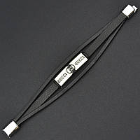 Мужской браслет черный эко кожа с серебристыми элементами брендовая Stainless Steel длина 21 см ширина 20 мм