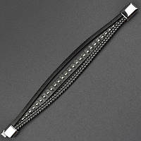 Мужской браслет черный эко кожа косичка с серебристыми элементами Stainless Steel длина 21 см ширина 15 мм