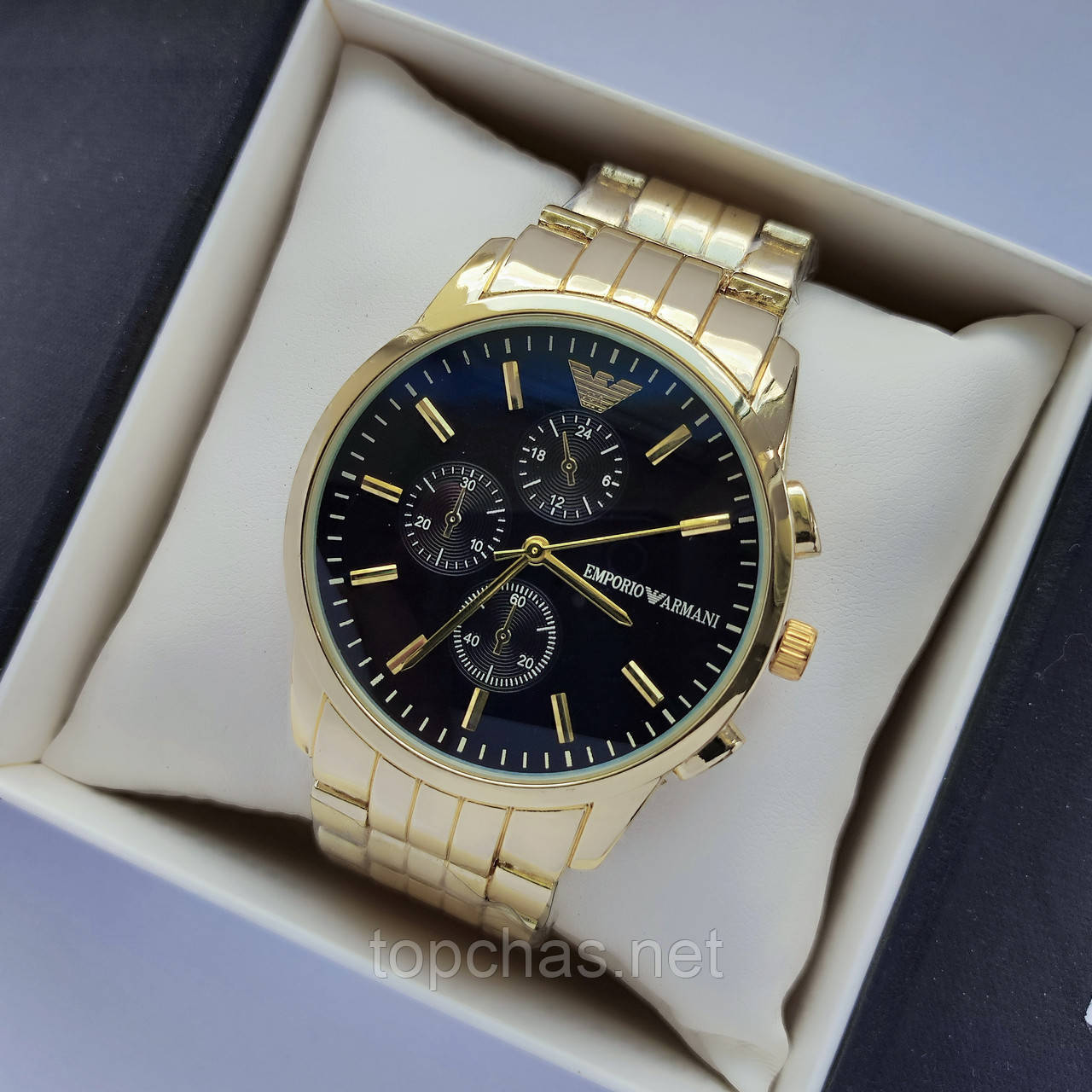 Чоловічий наручний годинник Emporio Armani (Армані) чорний циферблатом, блакитне покриття - код 2200t