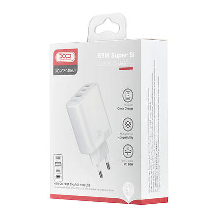 МЗП XO CE04 ( EU ) 65W Fast Charger ( TYPE-C PD65W / USB-A QC45W ) CE White, фото 3