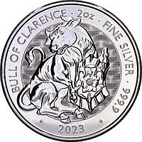 Серебряная монета 2oz Бык Кларенса "Королевские Звери Тюдоров" 5 фунтов 2023 Великобритания