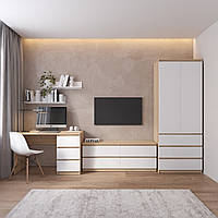 Стильный комлпект в гостинную, ТВ тубма, шкаф и стол с полками R1+R6+R9 Дуб сонома/белые фасады
