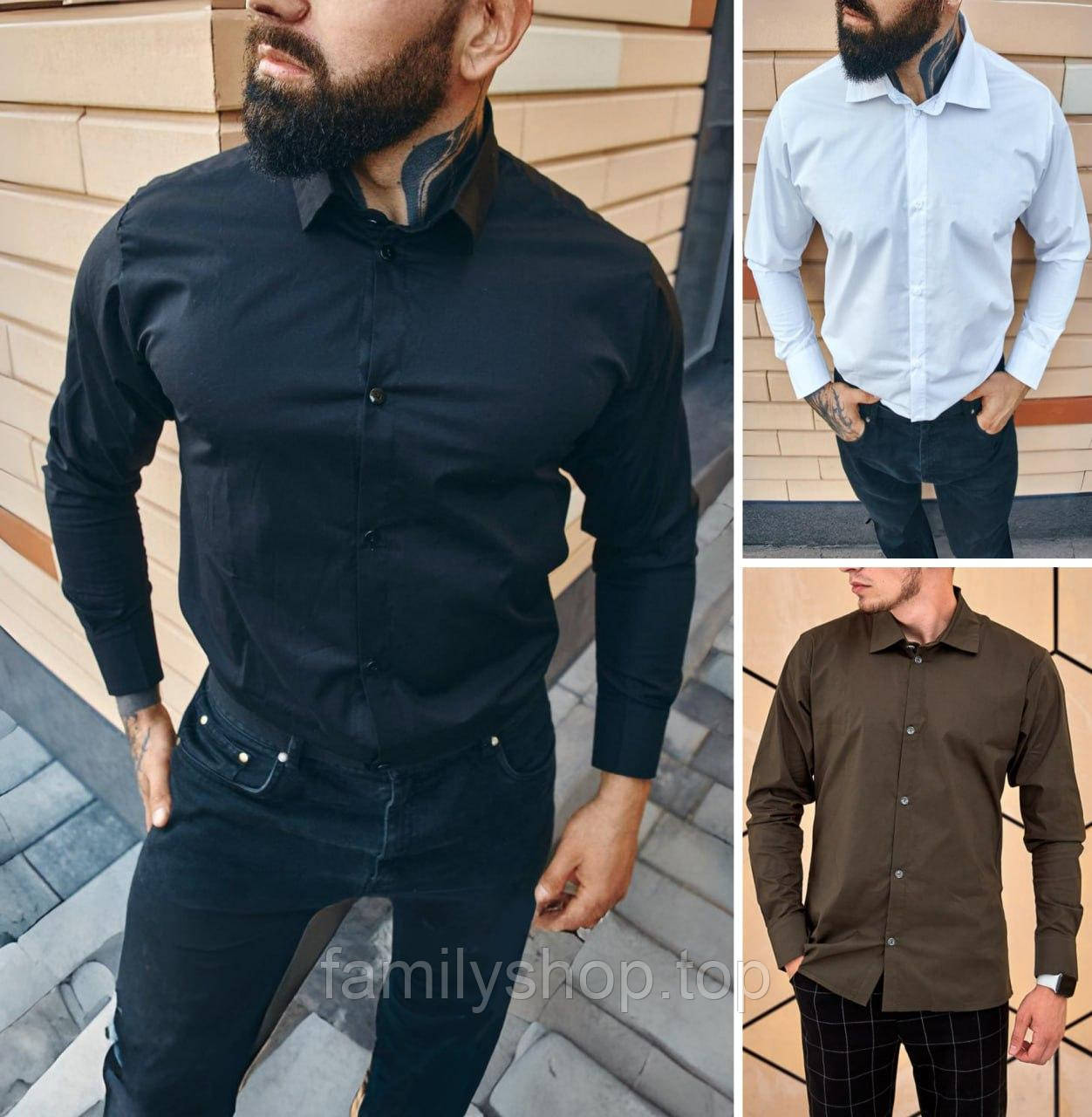 Приталена чоловіча сорочка slim fit класична бавовняна, чорна, біла, хакі, розмір S, M, L, XL, фото 1