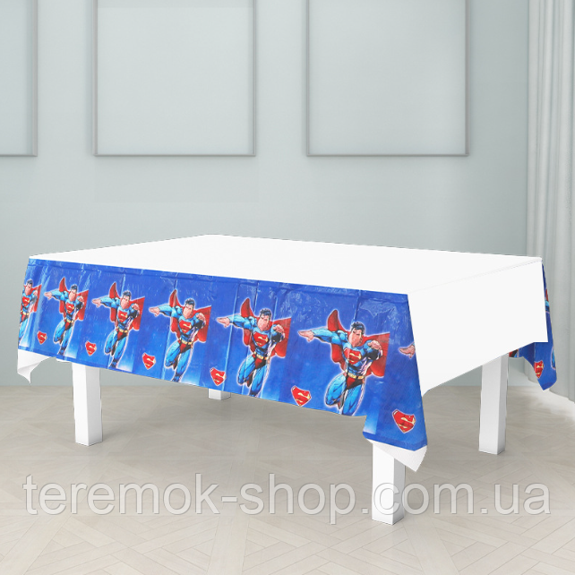 Скатертина святкова дитяча Супермен Супергерой одноразова з малюнком 180х110 см, фото 1