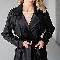 Женский кожаный плащ классический с подкладкой, тренч на подкладке приталений 120 см Черный L