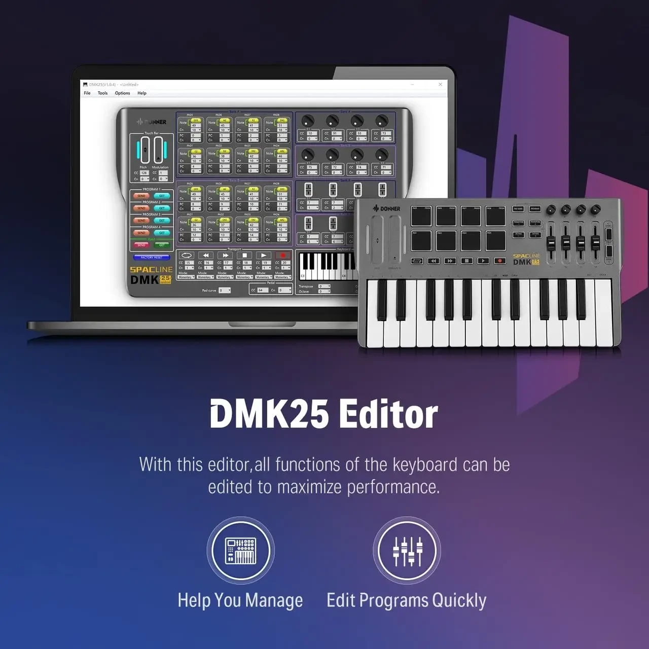 MIDI-клавиатура Donner, портативный MIDI-контроллер DMK25 с 25 чувствительными клавишами - фото 6 - id-p1936789980