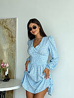 Женское красивое платье софт голубое в цветочный принт с длинным рукавом 42-44, 46-48