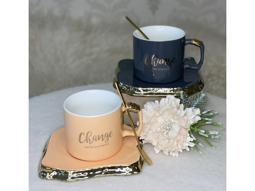 💚Чашка с блюдцем и ложкой "Change" 230 мл, два кольори, фото 1