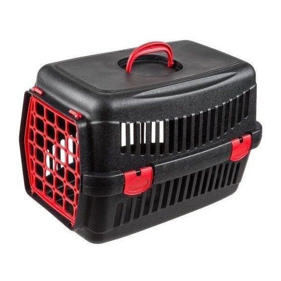Переноска Animall CNR-102B для котів та собак до 12 кг 48.5х32.5х32.5 см чорна з червоними пластиковими дверима, 162178