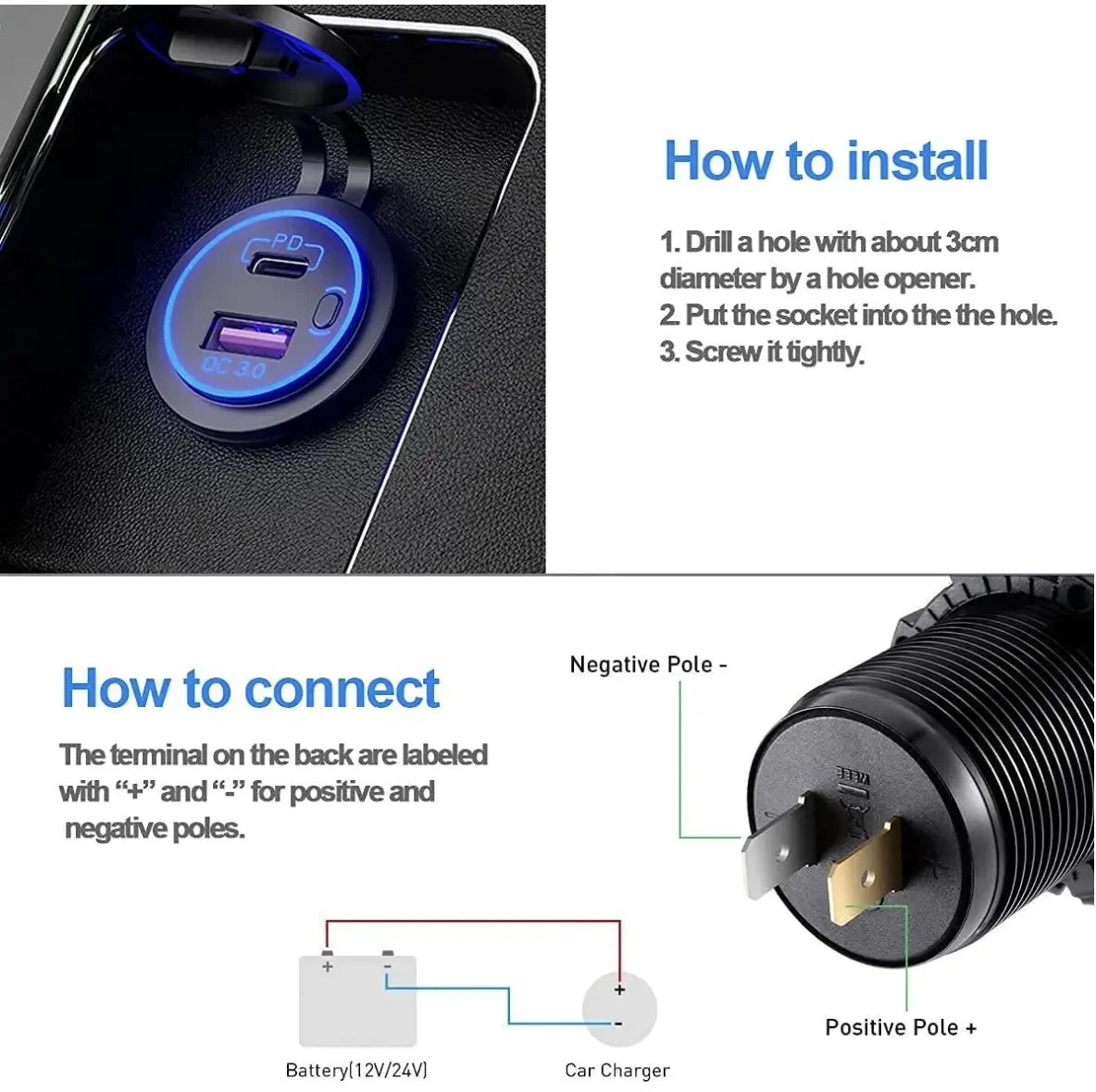 Купить Usb зарядка в авто врезная 65W Type C PD + USB QC, USB C зарядка ...