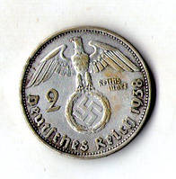 Германия - Третий рейх Нацистская Германия 2 рейхсмарки, 1938 год серебро 8 гр. №307